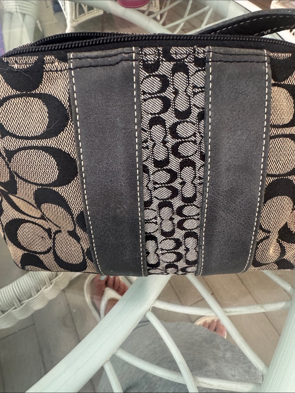 Coach Black and Tan Signature Canvas Shoulder Pouch with Leather Straps